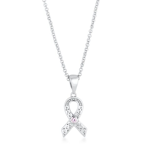 Rhodium Plated Heart Filigree Breast Cancer Awareness Ribbon Pendant
