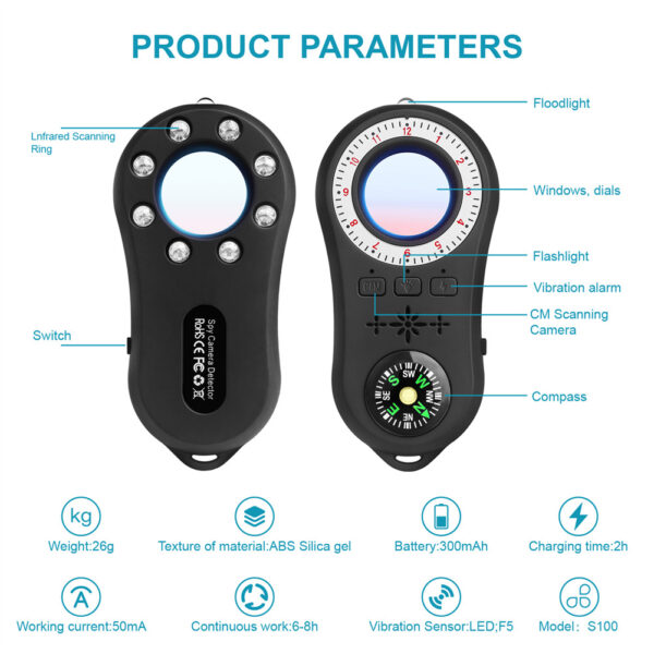 Portable Anti Spy Camera Detector Anti-theft Alarm Surveillance Anti-candid Infrared Scanner Detector S100 Black