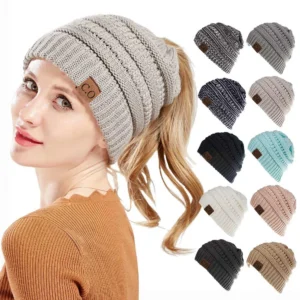 GRAY - New Lady Knitted Hats for Women Girls  Cap Openings Horsetail Hat
