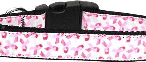 Pink Ribbons on White Nylon Dog Collar XL