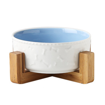 Color: Blue with wooden support - cat bowl dog bowl water bowl ceramic bowl