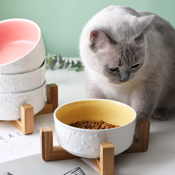 Color: Blue with wooden support - cat bowl dog bowl water bowl ceramic bowl