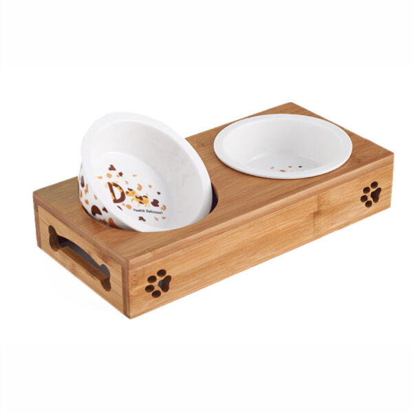 Color: Ceramics, Size: Small - Double bowl stainless steel with bamboo frame for cat's tableware