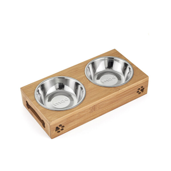 343707445601.jpg Color: Stainless steel, Size: Small - Double bowl stainless steel with bamboo frame for cat's tableware