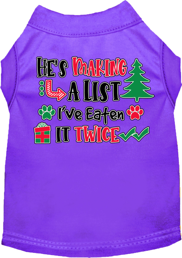 He's Making a List... Screen Print Dog Shirt Purple Size XXXL