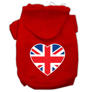 British Flag Heart Screen Print Pet Hoodies Red Size Sm