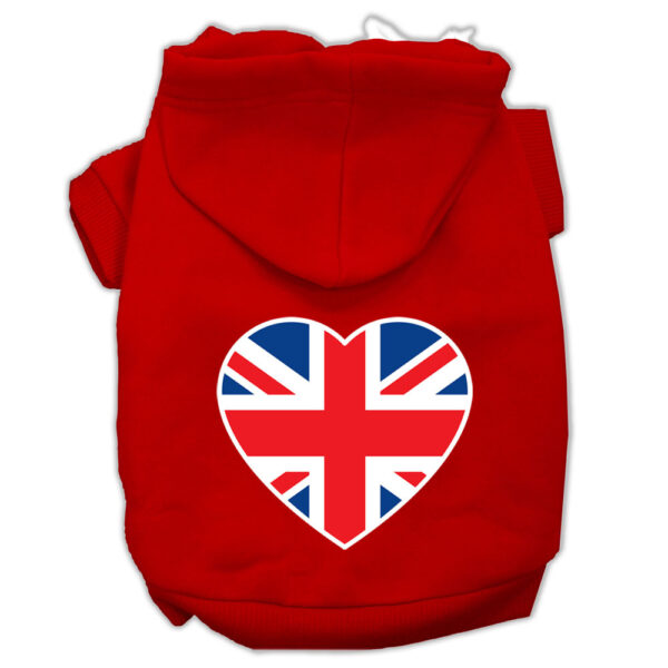 British Flag Heart Screen Print Pet Hoodies Red Size Sm