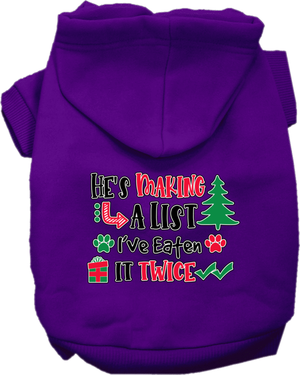 He's Making a List... Screen Print Dog Hoodie Purple Size LG