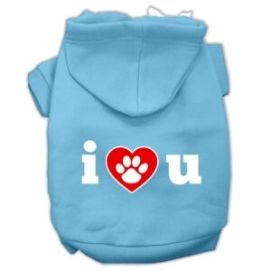 I Love U Screen Print Pet Hoodies Baby Blue Size Sm
