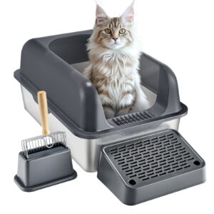 VEVOR Cat Litter Box, 6 inches Deep, XL Extra Large Stainless Steel Cat Litter Box with Scoop, Wide Filtering Foot Board & High Sides, Enclosed Odor-Free Easy-to-Clean Litter Box, Fit for Big Cats