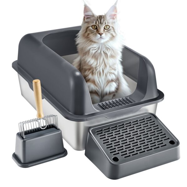 VEVOR Cat Litter Box, 6 inches Deep, XL Extra Large Stainless Steel Cat Litter Box with Scoop, Wide Filtering Foot Board & High Sides, Enclosed Odor-Free Easy-to-Clean Litter Box, Fit for Big Cats