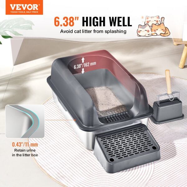 VEVOR Cat Litter Box, 6 inches Deep, XL Extra Large Stainless Steel Cat Litter Box with Scoop, Wide Filtering Foot Board & High Sides, Enclosed Odor-Free Easy-to-Clean Litter Box, Fit for Big Cats