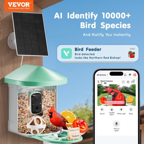 VEVOR Smart Bird Feeder with Camera, 2K HD AI Identify 10,000+ Bird Species, Solar-Powered Bird Watching Camera with Auto Capture & Instant Notify, Wireless Outdoor Ideal Gift for Bird Lovers (Green)