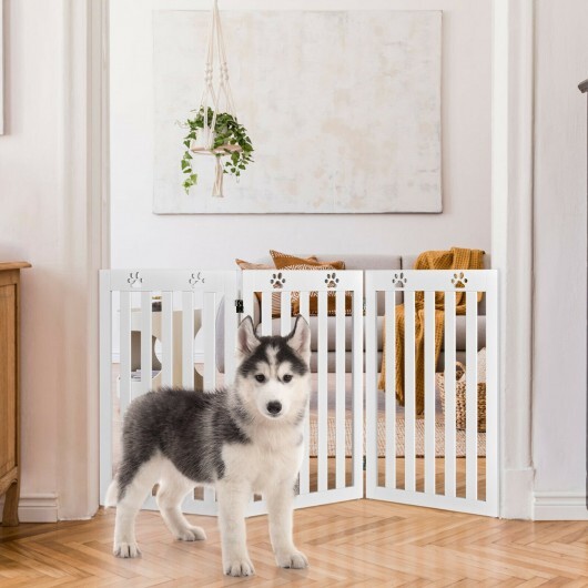 36 Inch Folding Wooden Freestanding Pet Gate Dog Gate with 360?° Flexible Hinge-White - Color: White