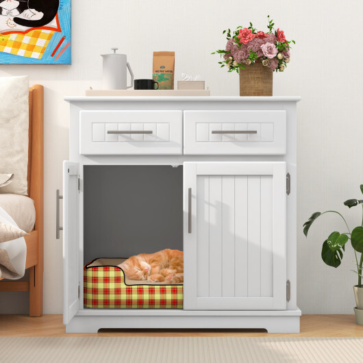 Cat Litter Box Enclosure with 2 Drawers and Double Doors-White - Color: White