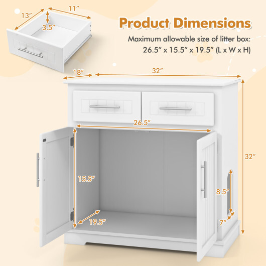 Cat Litter Box Enclosure with 2 Drawers and Double Doors-White - Color: White