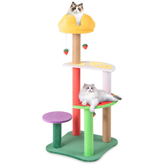 45 Inch Multi-Level Cat Tree with Plush Padded Top Perch and Fruit-Shaped Platforms