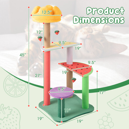 45 Inch Multi-Level Cat Tree with Plush Padded Top Perch and Fruit-Shaped Platforms