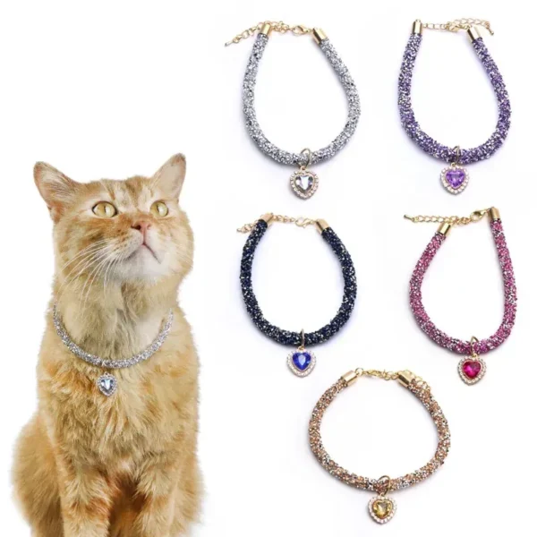 Color: MULTICOLOR, Size: S - Luxury Cat Collar with Heart Crystal Pendant Puppy Chihuahua Necklace Reflective Rhinestone Kitten Neck Strap Pets Accessories