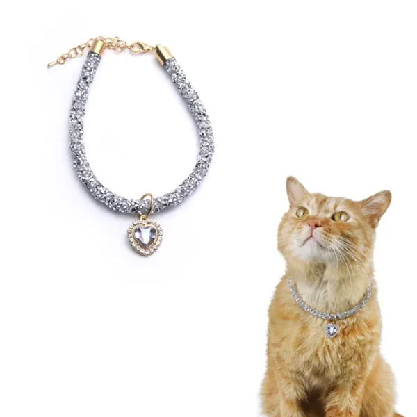 Color: MULTICOLOR, Size: S - Luxury Cat Collar with Heart Crystal Pendant Puppy Chihuahua Necklace Reflective Rhinestone Kitten Neck Strap Pets Accessories
